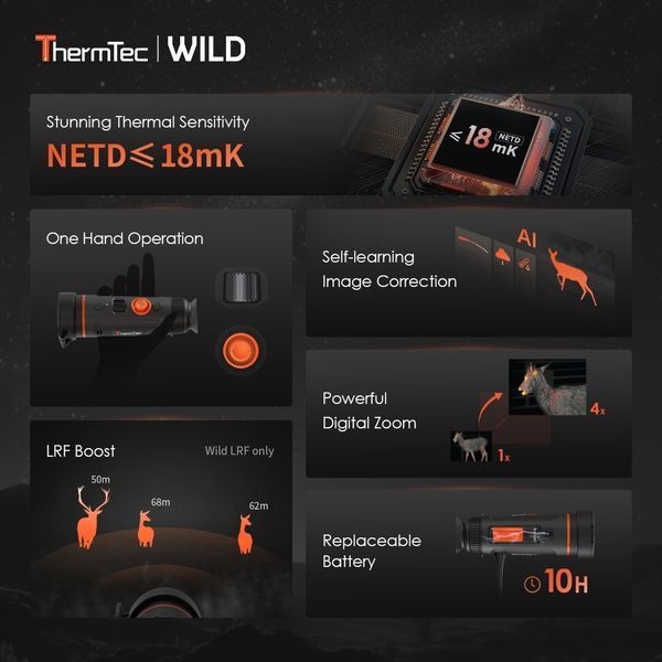 Тепловизионный монокуляр ThermTec Wild 650L LRF, 50 мм, 640х512, NETD&le;18мК, Wi-Fi, 50 Гц, AMOLED, AI-режим 245599 фото